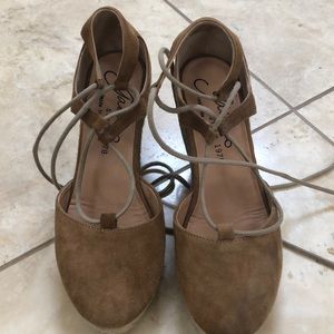 Tan Nude Tie Up Wedges